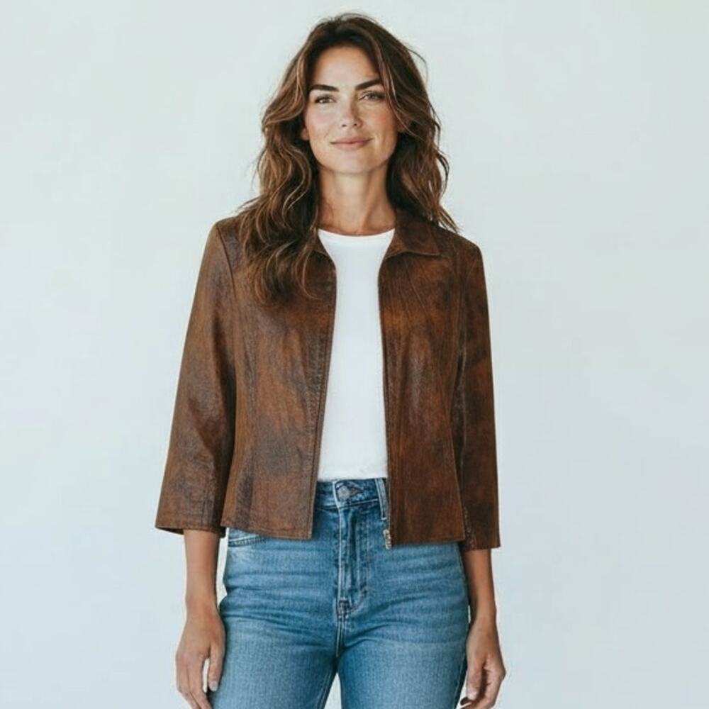 Kim Rogers Brown Snakeskin Print Jacket Blazer Size 12P Petite Mob Boss Wife